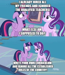 Size: 500x581 | Tagged: safe, edit, edited screencap, screencap, starlight glimmer, twilight sparkle, twilight sparkle (alicorn), alicorn, pony, unicorn, school daze, book, book abuse, discovery family logo, drama, eea rulebook, exploitable meme, meme, op has a point, op is a cuck, op is trying to start shit, starlight drama, water