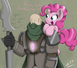 Size: 955x836 | Tagged: safe, artist:wazzart, pinkie pie, earth pony, human, pony, crossover, duo, nomad, runescape, spear, weapon