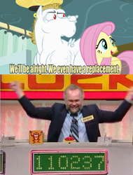 Size: 640x844 | Tagged: safe, bulk biceps, fluttershy, human, pegasus, pony, rainbow falls, blonde, blonde mane, blonde tail, blue eyes, caption, curtain, ear piercing, exploitable meme, female, irl, irl human, looking to side, looking to the right, male, mare, meme, michael larson, open mouth, photo, piercing, pink mane, pink tail, press your luck, red eyes, replacement meme, smiling, spread wings, stallion, text, this ended in tears, white coat, wings, yellow coat