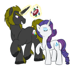 Size: 867x800 | Tagged: safe, artist:carnifex, rarity, oc, oc:blackhoof, pony, unicorn, eyes closed, frown, gem, goatee, grin, looking away, magic, raised hoof, smirk, tail wrap, telekinesis, unshorn fetlocks