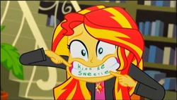 Size: 1237x705 | Tagged: safe, edit, screencap, sunset shimmer, epic fails (equestria girls), eqg summertime shorts, equestria girls, big grin, female, funny, grin, parody, simpsons did it, smiling, solo, teeth, the simpsons