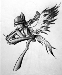 Size: 814x981 | Tagged: safe, artist:adetuddymax, derpy hooves, pegasus, pony, crossover, derpy soldier, female, mare, monochrome, parody, soldier, solo, team fortress 2, traditional art