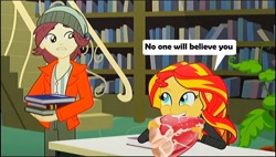 Size: 1176x670 | Tagged: safe, edit, edited screencap, screencap, normal norman, sunset shimmer, epic fails (equestria girls), eqg summertime shorts, equestria girls, bill murray, book, food, funny, library, meat, parody