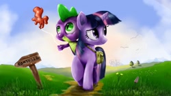 Size: 1280x720 | Tagged: safe, artist:reillyington86, derpibooru import, spike, twilight sparkle, dragon, balloon, riding