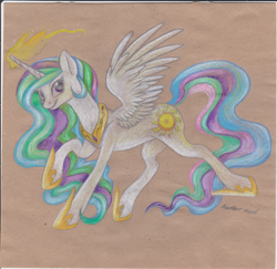 Size: 2460x2396 | Tagged: safe, artist:heather-west, princess celestia, alicorn, pony, magic, raised hoof, smiling, solo, traditional art