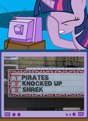 Size: 562x771 | Tagged: safe, derpibooru import, twilight sparkle, exploitable meme, facehoof, juxtaposition, knocked up, meme, obligatory pony, pirates of the caribbean, shrek, theater, tv meme