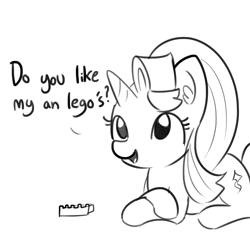 Size: 1650x1650 | Tagged: safe, artist:tjpones, starlight glimmer, pony, unicorn, crossed hooves, cute, description is relevant, dialogue, ear fluff, glimmerbetes, grammar error, grayscale, intentional grammar error, lego, monochrome, prone, simple background, smiling, solo, white background