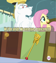 Size: 640x717 | Tagged: safe, bulk biceps, fluttershy, pegasus, pony, rainbow falls, blonde mane, blonde tail, blue eyes, crossing the memes, curtain, ear piercing, exploitable meme, female, hub logo, looking to side, looking to the right, male, mare, meme, memeception, open mouth, piercing, pink mane, pink tail, red eyes, replacement meme, smiling, spread wings, stallion, text, twiface, twilight scepter, white coat, wings, wrong neighborhood, yellow coat