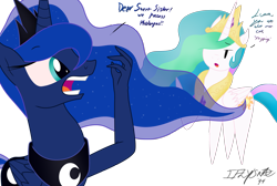 Size: 2976x2000 | Tagged: safe, artist:iflysna94, princess celestia, princess luna, alicorn, pony, crown, female, hand, horn, jewelry, mare, regalia, siblings, sisters