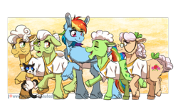 Size: 1023x633 | Tagged: safe, artist:inuhoshi-to-darkpen, derpibooru import, apple rose, auntie applesauce, goldie delicious, granny smith, rainbow dash, cat, earth pony, pegasus, pony, grannies gone wild, clothes, feathered fetlocks, female, gold horseshoe gals, mare, shirt, t-shirt, wings