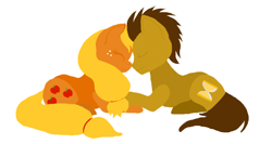 Size: 962x512 | Tagged: safe, artist:grim-tales, applejack, doctor whooves, earth pony, pony, applewhooves, hatless, missing accessory, prone, shipping