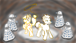 Size: 1322x762 | Tagged: safe, artist:grim-tales, applejack, doctor whooves, earth pony, pony, applewhooves, dalek, doctor who, female, male, shipping, straight