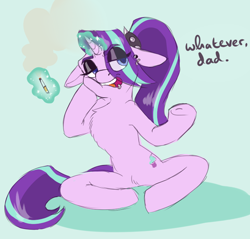 Size: 754x720 | Tagged: safe, artist:honigbananee, artist:opalmond, starlight glimmer, pony, unicorn, the parent map, anatomically incorrect, chest fluff, cigarette, dialogue, emo, goth, incorrect leg anatomy, piercing, ponytail, smoking, solo, teenage glimmer, teenager