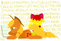 Size: 512x350 | Tagged: safe, artist:grim-tales, apple bloom, applejack, earth pony, pony, blonde hair, female, filly, mare, orange coat, red mane, sisters