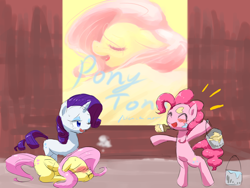 Size: 2000x1500 | Tagged: safe, artist:yajima, fluttershy, pinkie pie, rarity, earth pony, pegasus, pony, unicorn, filli vanilli, bipedal, blushing, embarrassed, paint bucket, paint on fur, paintbrush, painting, pixiv, sweat, trio