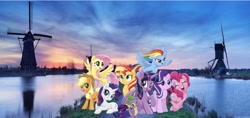 Size: 2048x965 | Tagged: safe, artist:php77, editor:php77, applejack, fluttershy, pinkie pie, rainbow dash, rarity, spike, starlight glimmer, sunset shimmer, twilight sparkle, twilight sparkle (alicorn), alicorn, my little pony: the movie, irl, netherlands, photo, ponies in real life, wallpaper, water, windmill