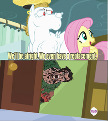 Size: 641x718 | Tagged: safe, bulk biceps, fluttershy, pegasus, pony, blonde, blonde mane, blonde tail, blue eyes, curtain, doom, doom comic, doomguy, ear piercing, exploitable meme, female, looking to side, looking to the right, male, mare, meme, open mouth, piercing, pink mane, pink tail, red eyes, replacement meme, rip and tear, smiling, spread wings, stallion, text, white coat, wings, yellow coat