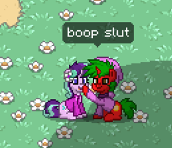 Size: 389x334 | Tagged: safe, starlight glimmer, oc, oc:sunnzio, pony, unicorn, beanie, boop, boop slut, flower, hat, pixel art, pony town, slut, vulgar