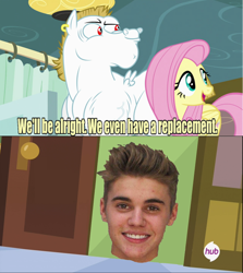 Size: 640x717 | Tagged: safe, bulk biceps, fluttershy, pegasus, pony, blonde mane, blonde tail, blue eyes, curtain, ear piercing, exploitable meme, female, justin bieber, looking to side, looking to the right, male, mare, meme, mugshot, open mouth, piercing, pink mane, pink tail, red eyes, replacement meme, smiling, spread wings, stallion, text, white coat, wings, yellow coat