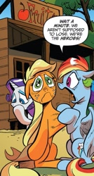 Size: 451x844 | Tagged: safe, artist:andypriceart, derpibooru import, idw, applejack, rainbow dash, rarity, earth pony, pegasus, pony, unicorn, spoiler:comic, spoiler:comic25, cropped, face, faic, female, lampshade hanging, mare, meta, official comic, sad, speech bubble, trio