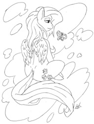 Size: 600x784 | Tagged: safe, artist:considerably-insane, fluttershy, butterfly, pegasus, pony, monochrome, smiling, solo