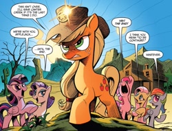 Size: 837x639 | Tagged: safe, artist:andypriceart, derpibooru import, idw, applejack, fluttershy, pinkie pie, rainbow dash, rarity, twilight sparkle, twilight sparkle (alicorn), alicorn, earth pony, pegasus, pony, unicorn, spoiler:comic, spoiler:comic25, breaking the fourth wall, cowboy hat, cropped, female, hat, idw advertisement, mane six, mare, meta, official comic, sheriff's badge, speech bubble, stetson, the end, to be continued