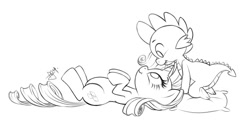 Size: 700x355 | Tagged: safe, artist:pia-sama, rarity, spike, dragon, pony, unicorn, cute, female, male, monochrome, pillow, shipping, sparity, straight