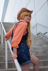 Size: 427x640 | Tagged: safe, artist:grim-tales, applejack, human, anime expo, cosplay, irl, irl human, overalls, photo, solo