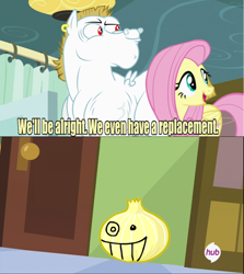 Size: 640x717 | Tagged: safe, edit, bulk biceps, fluttershy, pegasus, pony, rainbow falls, blonde, blonde mane, blonde tail, blue eyes, curtain, ear piercing, exploitable meme, female, homestar runner, looking to side, looking to the right, male, mare, meme, onion bubs, open mouth, piercing, pink mane, pink tail, red eyes, replacement meme, smiling, spread wings, stallion, text, white coat, wings, yellow coat