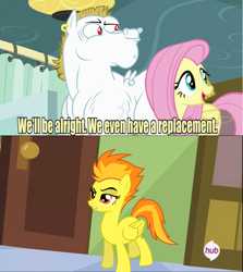 Size: 640x717 | Tagged: safe, edit, edited screencap, screencap, bulk biceps, fluttershy, spitfire, pegasus, pony, rainbow falls, blonde mane, blonde tail, blue eyes, curtain, ear piercing, exploitable meme, female, it makes sense in context, looking to side, looking to the right, male, mare, meme, open mouth, piercing, pink mane, pink tail, red eyes, replacement meme, smiling, spread wings, stallion, text, white coat, wings, yellow coat