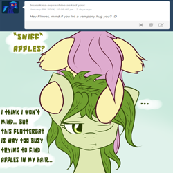 Size: 1280x1280 | Tagged: safe, artist:pegamutt, fluttershy, oc, oc:flowertheplantponi, bat pony, original species, plant pony, ask, askflowertheplantponi, flutterbat, race swap, tumblr