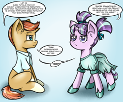 Size: 3600x3000 | Tagged: safe, artist:brother-lionheart, starlight glimmer, sunburst, pony, unicorn, blank flank, clothes, colt, colt sunburst, comic, dialogue, dress, female, filly, filly starlight glimmer, implied firelight, implied stellar flare, male, necktie, pigtails, shirt, younger