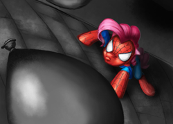 Size: 957x684 | Tagged: safe, artist:erudier, pinkie pie, earth pony, pony, crossover, solo, spider-man