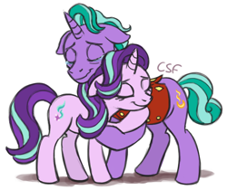 Size: 776x651 | Tagged: safe, artist:cartoonsilverfox, firelight, starlight glimmer, pony, unicorn, the parent map, crying, duo, eyes closed, father and child, father and daughter, female, hug, male, mare, parent and child, smiling, stallion, teary eyes