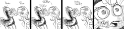 Size: 2913x700 | Tagged: safe, artist:fauxsquared, fluttershy, pinkie pie, earth pony, pegasus, pony, black and white, blatant lies, clothes, comic, costume, dialogue, female, grayscale, hay, lineart, mare, monochrome, ponies eating meat, sausage, sketch