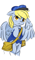 Size: 1024x1751 | Tagged: safe, artist:walthooves, derpy hooves, pony, bipedal, clothes, mailbag, simple background, solo, spread wings, transparent background, uniform