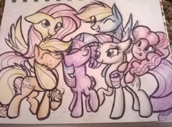 Size: 1977x1456 | Tagged: safe, artist:uunicornicc, derpibooru import, applejack, fluttershy, pinkie pie, rainbow dash, rarity, twilight sparkle, twilight sparkle (alicorn), alicorn, earth pony, pegasus, pony, unicorn, friendship is magic, anniversary, derp, eyes closed, floppy ears, mane six, nuzzling, traditional art, wink