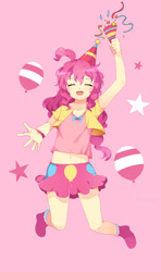 Size: 1570x2660 | Tagged: safe, artist:flora, pinkie pie, human, balloon, belly button, blushing, clothes, confetti, cute, diapinkes, eyes closed, female, hat, humanized, light skin, midriff, open mouth, party hat, party popper, pink background, pixiv, simple background, skirt, solo, stars, streamers