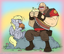 Size: 1000x845 | Tagged: safe, artist:kaemantis, derpy hooves, pegasus, pony, crossover, cute, derpabetes, eating, female, happy food time, heavy, heavy weapons guy, mare, muffin, rock, sandwich, sitting, team fortress 2