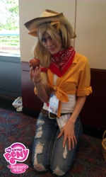 Size: 1552x2592 | Tagged: safe, artist:strange-black-cat, applejack, human, anime weekend atlanta, apple, bandana, cosplay, front knot midriff, irl, irl human, midriff, photo, solo