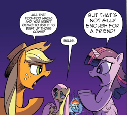 Size: 381x347 | Tagged: safe, artist:andypriceart, derpibooru import, edit, idw, applejack, fluttershy, rainbow dash, twilight sparkle, twilight sparkle (alicorn), alicorn, earth pony, pegasus, pony, spoiler:comic, spoiler:comic25, argument meme, cropped, female, mare, speech bubble