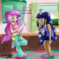 Size: 1920x1920 | Tagged: safe, artist:schizophrenicghost, princess celestia, princess luna, human, belly button, clothes, coffee, humanized, middle finger, midriff, morning, morning ponies, pajamas, slippers, tanktop