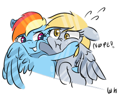 Size: 450x350 | Tagged: safe, artist:walthooves, derpy hooves, rainbow dash, pegasus, pony, female, hug, mare, nope