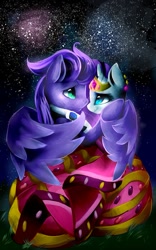 Size: 707x1131 | Tagged: safe, rarity, oc, oc:kydose, pony, unicorn, canon x oc, clothes, dress, gala dress, hug, love, night, raridose, shipping, stars, winghug