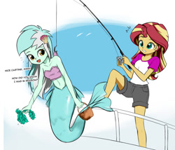 Size: 970x830 | Tagged: safe, artist:twilite-sparkleplz, part of a series, part of a set, lyra heartstrings, sunset shimmer, mermaid, equestria girls, legend of everfree, bandeau, belly button, boat, clothes, cute, dialogue, female, fishing, lyrabetes, mermaid lyra, mermaidized, midriff, race swap, seaweed, shimmerbetes, species swap, sunset's fantastic fishing