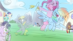 Size: 1024x576 | Tagged: safe, artist:littleblackraencloud, bon bon, derpy hooves, dj pon-3, lyra heartstrings, octavia melody, pinkie pie, rainbow dash, starlight glimmer, sunset shimmer, sweetie drops, vinyl scratch, oc, earth pony, pegasus, pony, unicorn, banana peel, cloud, colored sketch, flying, grass, mountain, ponies riding ponies, sky, spread wings, wings