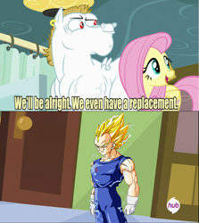 Size: 640x717 | Tagged: safe, bulk biceps, fluttershy, pegasus, pony, rainbow falls, blonde mane, blonde tail, blue eyes, curtain, door, dragon ball z, ear piercing, exploitable meme, female, hub logo, looking to side, looking to the right, male, mare, meme, open mouth, piercing, pink mane, pink tail, red eyes, replacement meme, smiling, spread wings, stallion, super saiyan 2, text, vegeta, white coat, wings, yellow coat