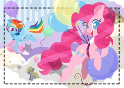 Size: 2906x2063 | Tagged: safe, artist:snow angel, derpy hooves, pinkie pie, rainbow dash, pegasus, pony, balloon, female, mare, then watch her balloons lift her up to the sky