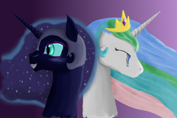 Size: 4500x3000 | Tagged: safe, artist:hawkheart11, nightmare moon, princess celestia, alicorn, pony, crying, gradient background