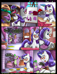 Size: 1165x1500 | Tagged: safe, artist:kitsuneyoukai, rarity, spike, dragon, pony, unicorn, comic:a spike in confidence, bed, dialogue, drawing, explicit source, glasses, looking back, magic, monologue, pencil, pretty, raised hoof, rarity's bedroom, scissors, shy, talking, underhoof, working